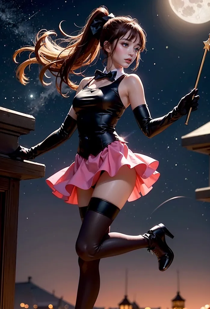 The picture shows a young woman dressed in a magician's outfit. She has a black hat with a pink ribbon, a black corset with a pink skirt, and black boots. She is also wearing black gloves and a pink bow tie. She is standing on a rooftop with a cityscape in the background. There is a full moon in the sky. The woman is holding a magic wand in her right hand. She has long brown hair and brown eyes. She is smiling.