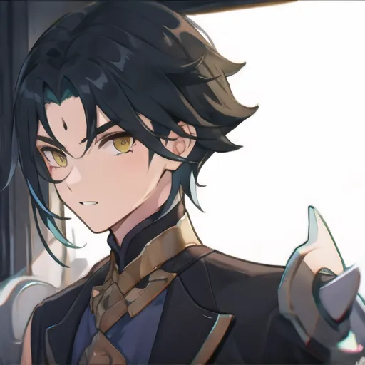 Esta es una imagen de un personaje del juego Genshin Impact. El personaje se llama Xiao, y es un hombre joven con cabello negro y ojos amarillos. Lleva un traje azul oscuro con adornos dorados, y tiene una visión (un objeto mágico que otorga poderes elementales a su usuario) en la cadera izquierda. Xiao está de pie en una habitación oscura y tiene una expresión seria en el rostro.