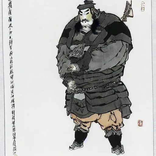 The image is a Chinese painting of a historical figure, Zhang Fei. He is depicted as a large, muscular man with a beard and a fierce expression on his face. He is wearing a traditional Chinese military uniform and is holding a weapon. The painting is done in a realistic style and the artist has used a variety of brushstrokes to create the different textures of Zhang Fei's clothing and armor.