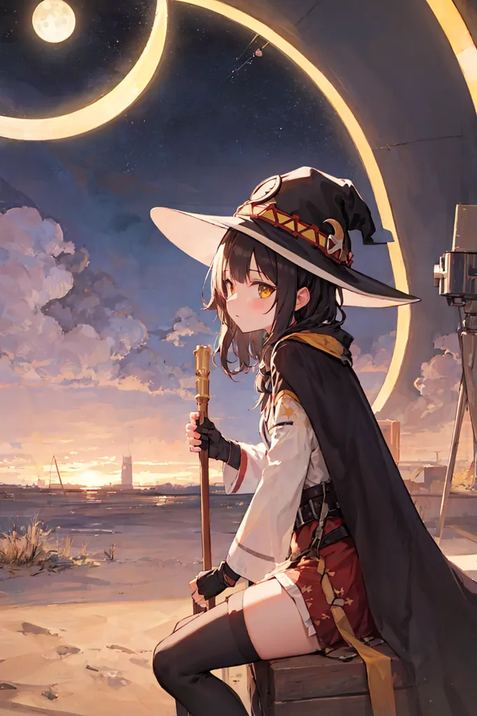 The image is an anime-style illustration of a young girl in a witch's hat and cloak. She is sitting on a wooden box in a post-apocalyptic landscape with a large moon in the background. The girl is looking down at a staff in her hands. She has long brown hair, yellow eyes, and is wearing a red and white outfit. The image is drawn in a semi-realistic style with soft shading and highlights.
