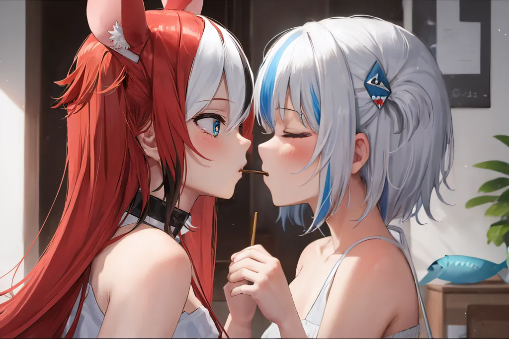 This image depicts two young women in a kitchen. The woman on the left has long red hair and cat ears, while the woman on the right has white and blue hair. They are both wearing white tank tops. The woman on the left is holding a chocolate bar and is feeding it to the woman on the right. The woman on the right has her eyes closed and is smiling. There is a plate of food on the table in the background.