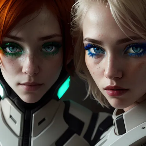 This is a portrait of two beautiful women who appear to be androids. They both have blue eyes, with the woman on the left having orange hair and green eyeshadow, and the woman on the right having blonde hair and blue eyeshadow. They are both wearing white and gray armor. The background is a dark blue color.