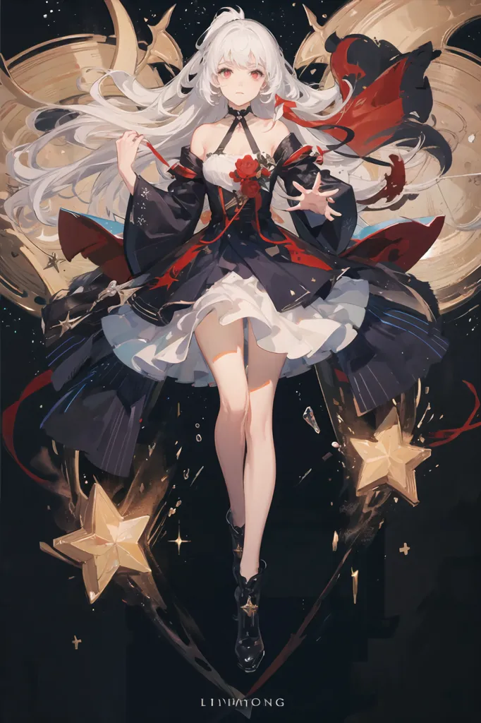 The image is a painting of a young woman with long white hair and red eyes. She is wearing a black and white dress with a red rose on her chest. She is standing in front of a dark background with a starry sky. There are also some golden decorations around her. The painting is done in a realistic style and the woman is depicted in a very detailed way.