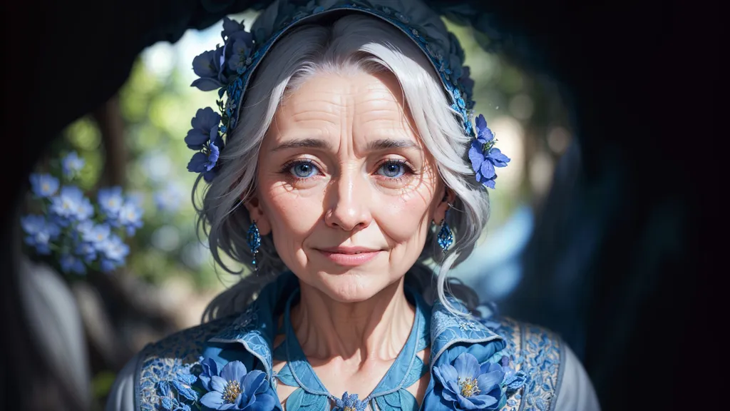 The image is a portrait of an elderly woman. She has white hair and blue eyes, and is wearing a blue dress with a white collar. There are blue flowers in her hair and around her neck. She has a kind and serene expression on her face. The background is soft and out of focus.