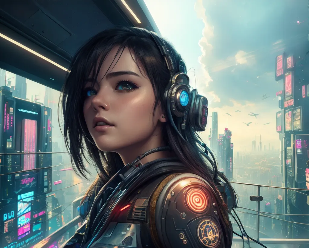 The image is a portrait of a young woman. She has light blue eyes and long black hair. She is wearing a black and gray outfit and a pair of headphones. She is standing in front of a futuristic city. There are tall buildings and flying cars in the background. The sky is blue and there are some clouds in the sky.