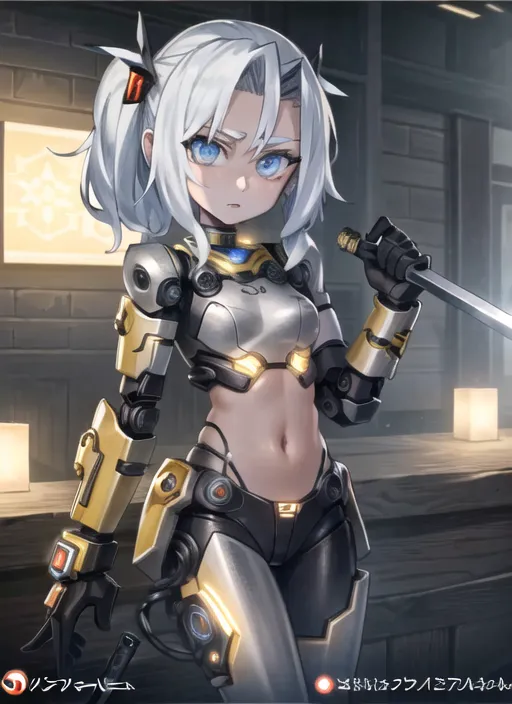 The image is of a young woman who appears to be a cyborg. She has silver and white hair, blue eyes, and a slim figure. She is wearing a black and silver bodysuit with gold accents and a pair of silver boots. She is also carrying a sword in her right hand. The background of the image is a blurred cityscape at night.