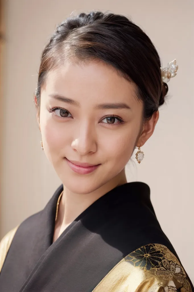 A imagem mostra uma jovem mulher japonesa vestindo um quimono preto com padrões florais dourados. Seu cabelo preto e longo está penteado em um coque tradicional japonês e ela está usando um acessório de cabelo branco e dourado. Ela também está usando brincos combinando, brancos e dourados. Sua maquiagem é natural e ela tem um sorriso suave no rosto.