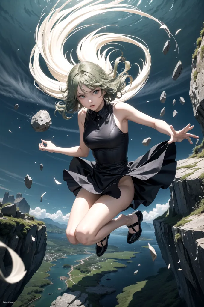 The image is a painting of a young woman with long green hair and grey eyes. She is wearing a black dress and black shoes. She is jumping in the air with her arms outstretched. Her long blond hair is flowing behind her. There are rocks and mountains in the background. The sky is blue and cloudy. The water below is green and blue.