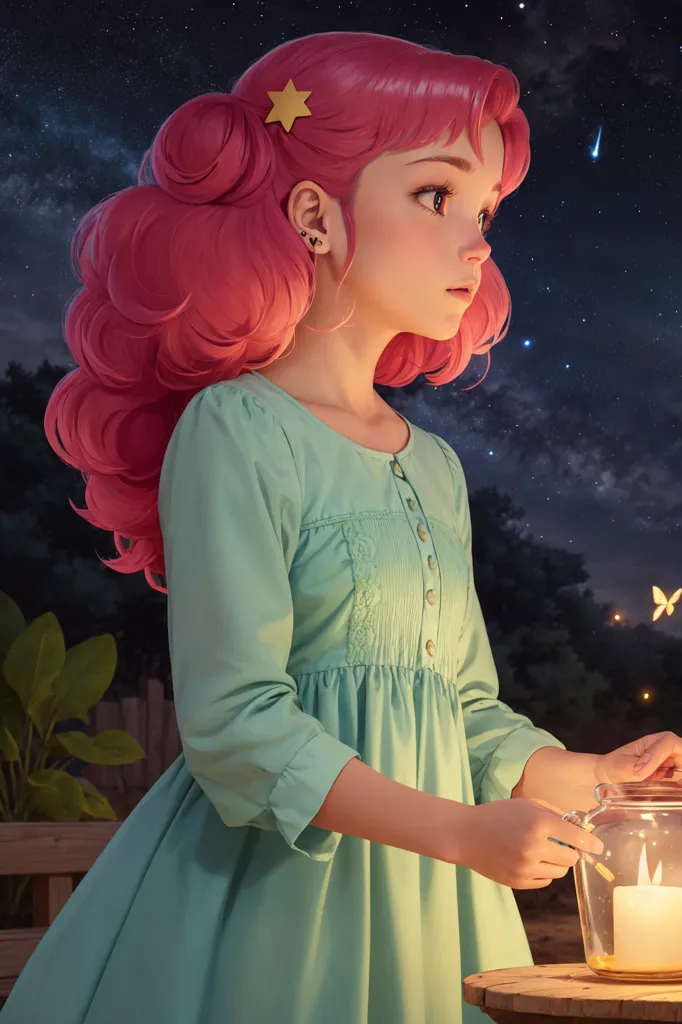 The image is a painting of a girl with pink hair. She is wearing a green dress and is holding a candle. The background is a night sky with stars and a few plants in the foreground. The girl is looking at the candle with a curious expression on her face.