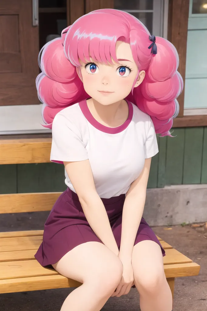 The image shows a young woman with pink hair and blue eyes. She is wearing a white shirt, a purple skirt, and a black bow in her hair. She is sitting on a bench and looking at the viewer with a shy smile on her face.