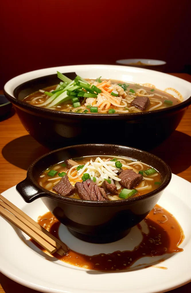 There are two bowls of ramen on a wooden table. The larger bowl is black and the smaller bowl is dark brown. The ramen in both bowls has a dark brown broth, noodles, and green onions. The larger bowl also has some type of seafood in it. The smaller bowl has some type of cheese on it. There are also two white plates on the table. One of the plates has a soy sauce design on it and has chopsticks on it. The other plate has a large brown stain on it.