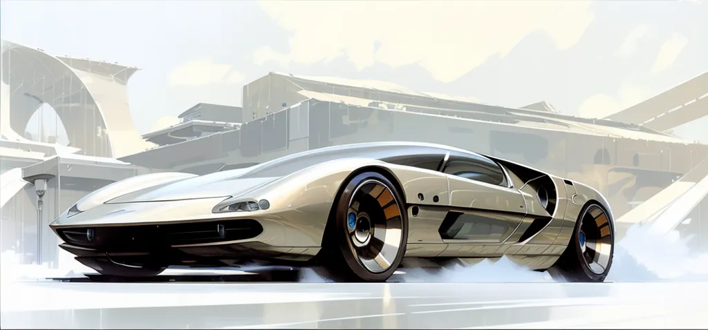 The image is a painting of a futuristic car. The car is silver and has a sleek design. It is driving on a road that is lined with tall buildings. The sky is cloudy and there is a hint of fog in the air. The car is moving quickly and there is a sense of motion in the image. The painting is done in a realistic style and the artist has used shading and highlights to create a sense of depth and dimension. The image is also very detailed and the artist has included a lot of fine details in the car and the background.