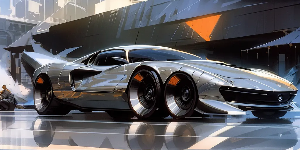 The image is of a futuristic car. It is silver and has a sleek design. The car is parked in a city and there are buildings and other cars in the background. The car has six wheels and a large spoiler. The car is also very low to the ground.