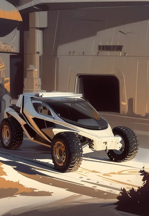 The image shows a futuristic buggy-style vehicle. It is white and silver with large, chunky tires. It is parked in front of a large, concrete building with a large door. The sky is hazy and there is a hint of sand on the ground.