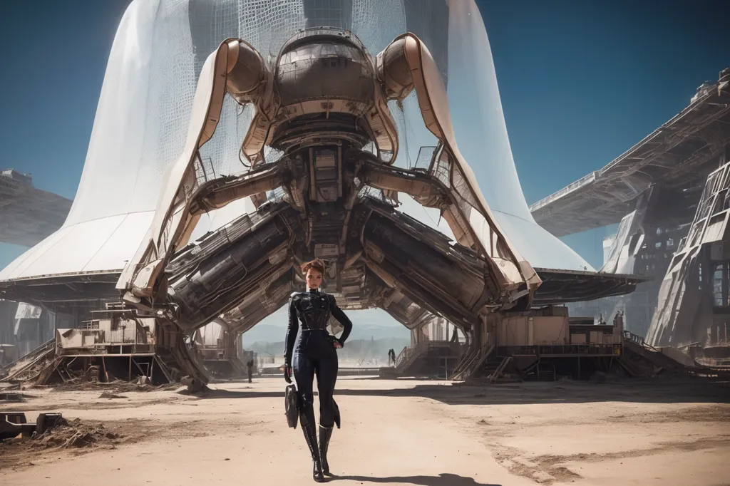 The image shows a woman in a black and gray jumpsuit walking towards the viewer. She is carrying a black bag in her right hand. In the background, there is a large, white spaceship. The spaceship has a long, pointed nose and six legs. It is surrounded by scaffolding and construction equipment. There are also several people working on the spaceship.