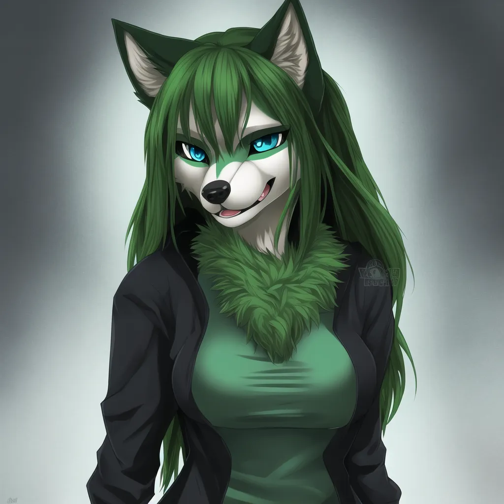 The image is a headshot of a cartoon wolf girl with green hair and blue eyes. She is wearing a black jacket with a green fur collar and a green shirt. She has a sly expression on her face and is looking at the viewer with one eye closed.