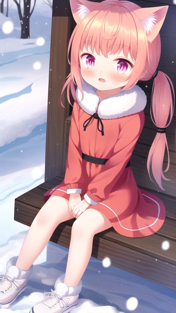 The image is of a young girl with pink hair and cat ears. She is wearing a red and white dress with a white fur collar. She is sitting on a bench in the snow. The girl is looking down at her feet. The background is a winter landscape with snow-covered trees.