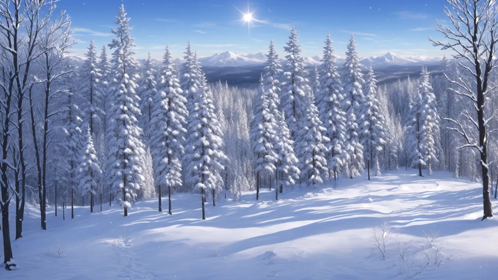 The image is a beautiful winter landscape. The snow is falling heavily and the trees are covered in snow. The sun is shining brightly and the sky is a clear blue. The forest is dense and the trees are tall and straight. The snow is thick on the ground and it is very cold.