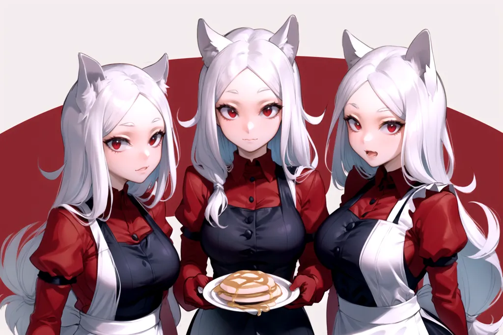 There are three identical anime girls with white hair and red eyes. They are wearing red shirts with white collars and black aprons. They have cat ears and are standing in front of a white background. The girl in the middle is holding a plate of pancakes.