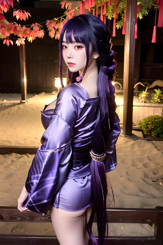 La imagen muestra a una mujer joven con un kimono morado de pie en un jardín japonés tradicional. Tiene el cabello largo y morado, y ojos morados. Lleva un obi morado y negro, y tiene una flor rosa en el cabello. El fondo es una imagen borrosa de un jardín japonés con hojas de arce rojas.