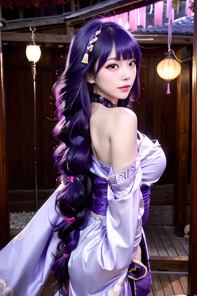 L'image montre une jeune femme aux longs cheveux violets vêtue d'un kimono violet avec des accents blancs et dorés. Des nœuds violets et roses sont tressés dans ses cheveux. Elle se tient dans une maison japonaise traditionnelle avec des lanternes en papier suspendues sous les avant-toits.