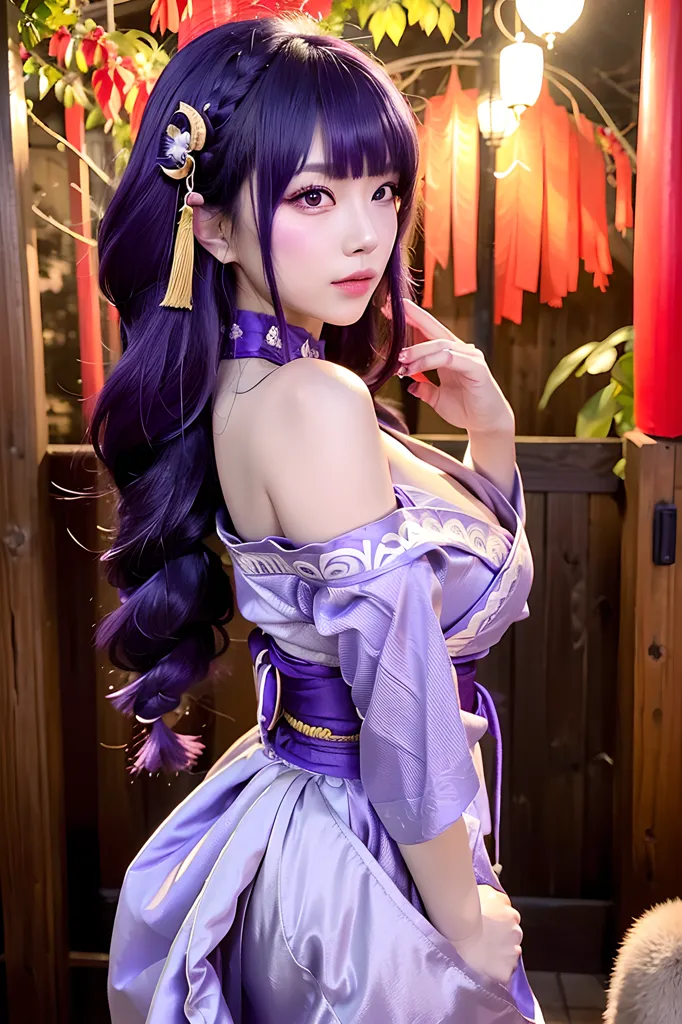 The picture shows a young woman with purple hair dressed in a purple kimono with white and gold accents. She has a gentle smile on her face and is looking at the viewer with her head tilted slightly to the right. She is standing in a traditional Japanese-style room with paper lanterns and a wooden door.