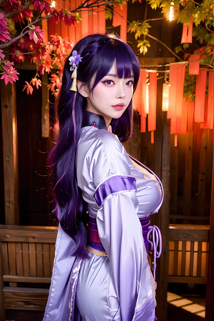 The image shows a young woman with purple hair and purple eyes, wearing a purple kimono with a white obi. She is standing in a traditional Japanese room, with a red paper lantern and a bonsai tree in the background. The woman is looking at the viewer with a serious expression.