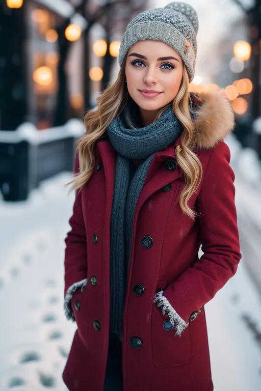 L'image montre une jeune femme portant un manteau rouge et un bonnet gris. Elle a les mains dans les poches et regarde la caméra avec un léger sourire sur le visage. Il y a de la neige au sol et des arbres et des bâtiments nus en arrière-plan. L'image est chaleureuse et accueillante, et elle capture la beauté de l'hiver.