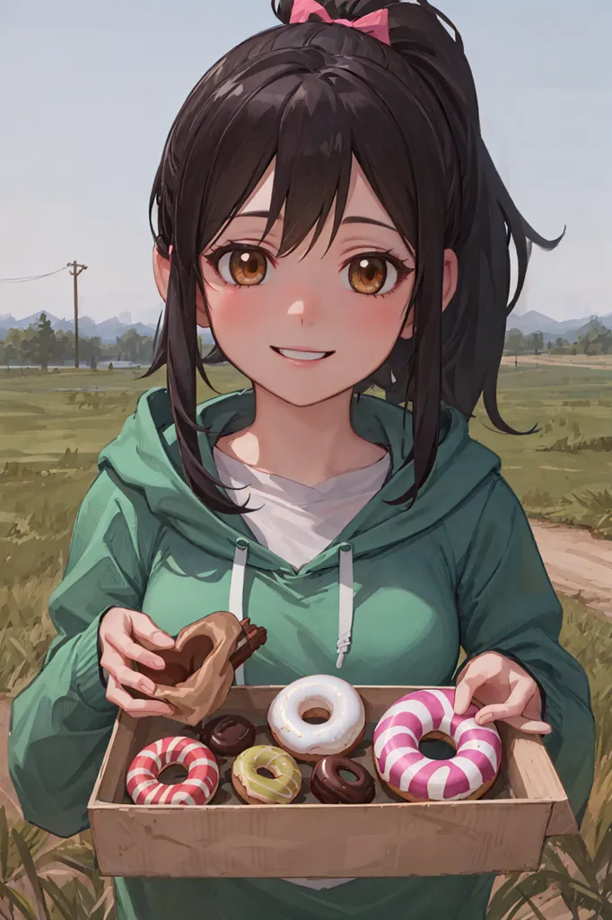 The image is a portrait of a young girl with long black hair and brown eyes. She is wearing a green hoodie and a white shirt. She has a ponytail and a pink bow in her hair. She is holding a box of donuts. The background is a meadow with a hill in the distance. The girl is smiling and has a happy expression on her face.