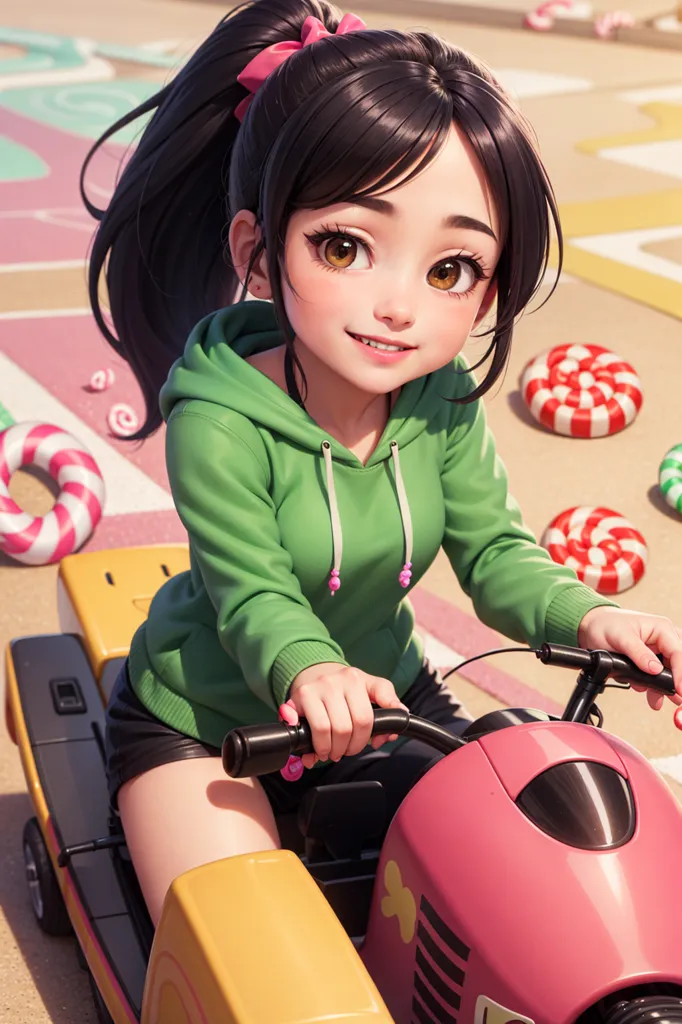 This is an image of a young girl with long black hair and brown eyes. She is wearing a green hoodie, black shorts, and a pink bow in her hair. She is riding a pink scooter and there are lollipops scattered around her. The background is a light pink color.