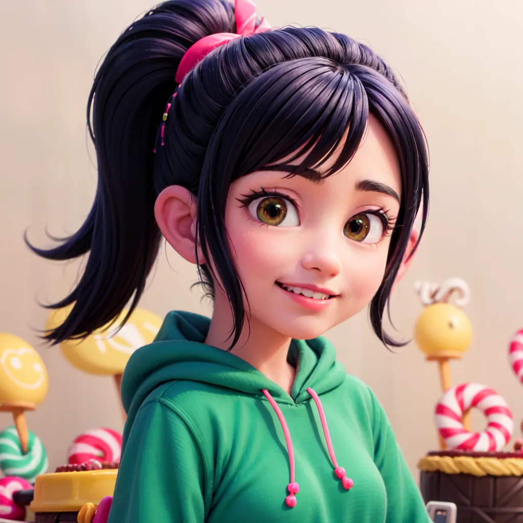 The image shows a young girl with big brown eyes and a bright smile. She has long black hair tied up in a high ponytail with a pink scrunchie. She is wearing a green hoodie with a pink drawstring. She is standing in front of a pink background with lollipops and other sweets.