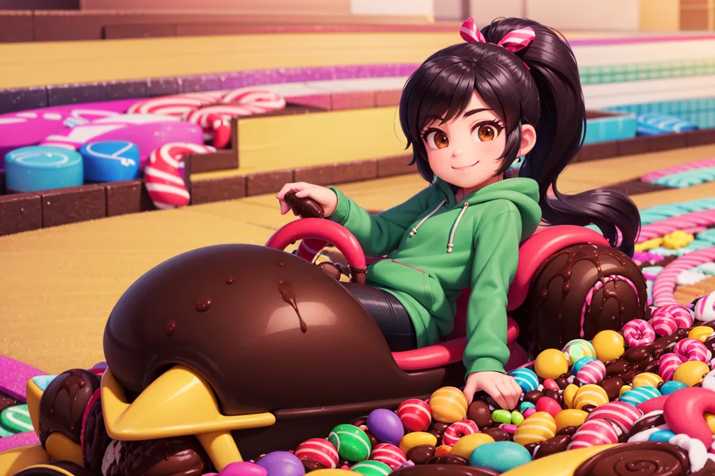 This is an image of a young girl with long black hair and brown eyes. She is wearing a green hoodie and black pants. She is sitting in a purple and yellow racecar. The car is decorated with candy and sweets. The girl is smiling and has her hands on the steering wheel. She is in a candy-themed amusement park with bright colors and candy-coated landscapes.