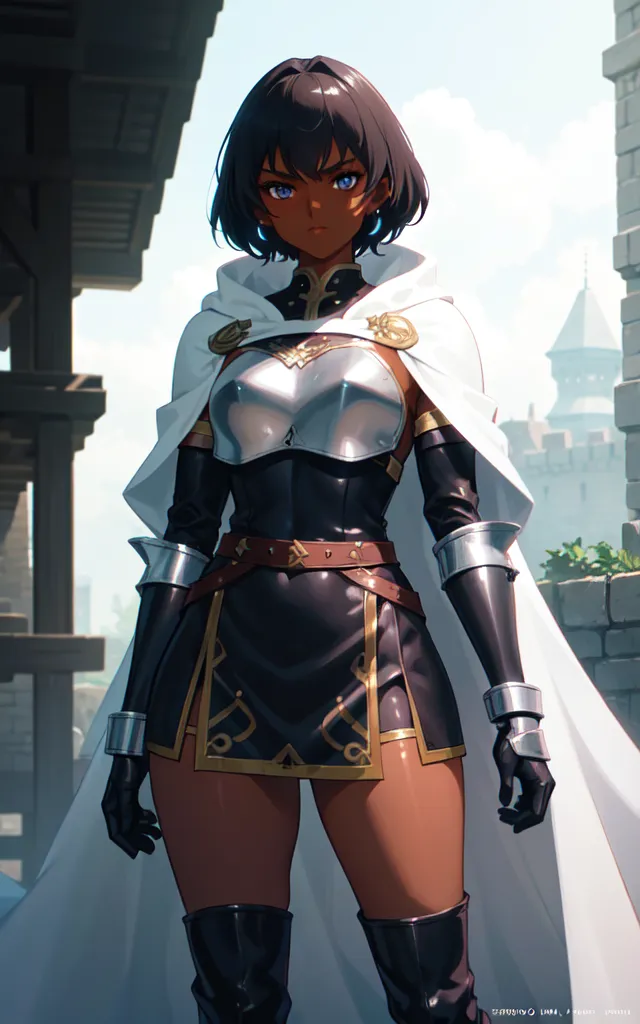 This is an image of a dark-skinned woman with short black hair. She is wearing a black and silver cuirass with a white cape. She is also wearing black boots and gloves. She has a determined expression on her face and is standing in a confident pose. The background is a blurred stone wall.