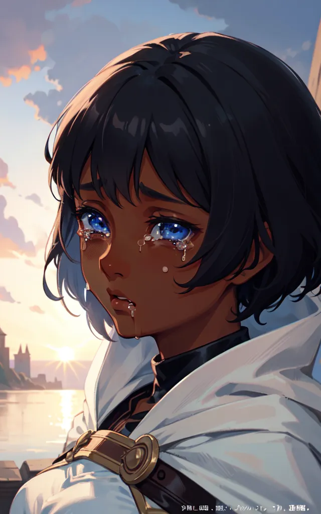 The image is a portrait of a young woman with dark skin and short black hair. She is crying, with tears streaming down her face. Her eyes are blue and her lips are slightly parted. She is wearing a white shirt with a high collar. The background is a blurred cityscape with a river running through it.