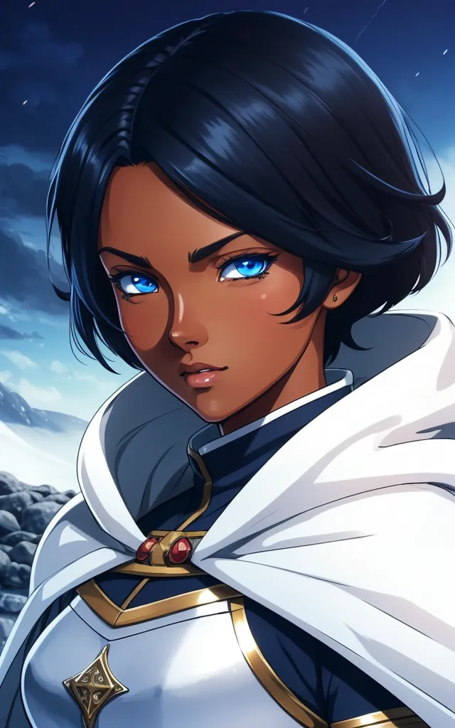 This is a picture of a young woman with dark brown skin and bright blue eyes. She has a serious expression on her face. She is wearing a white and blue outfit with a gold trim and a white cape. She is also wearing a gold necklace with a red gem in the center. Her hair is short and black. She is standing in front of a snowy mountain landscape.