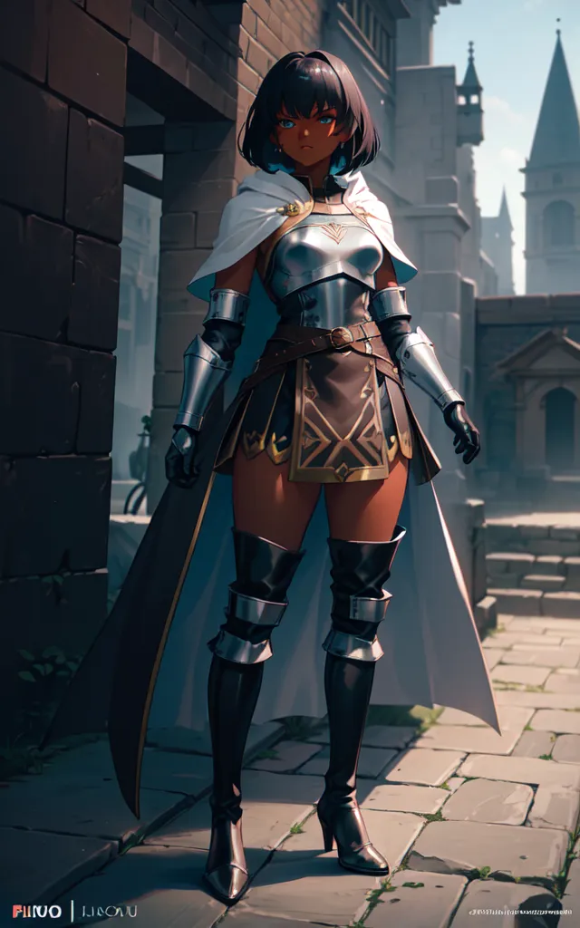 This image shows a woman standing in front of a stone building. She is wearing a white cape and a silver breastplate. She has brown skin and black hair. She is also wearing a brown skirt and black boots. The woman is standing in a confident pose and looks like she is ready for battle.