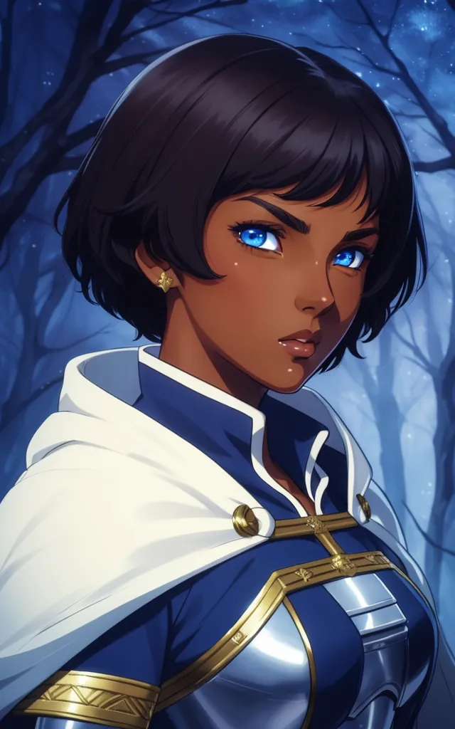 This is a picture of a young woman with dark brown hair and blue eyes. She is wearing a white and blue outfit with gold trim. She is also wearing a silver necklace and earrings. She has a serious expression on her face. She looks like she is a warrior or a knight.