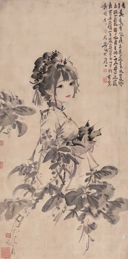 The image is a Chinese painting of a young woman standing in a garden. She is wearing a white dress with a pink sash and has her hair in a bun. The woman is surrounded by peony bushes, and there is a small bird perched on her shoulder. The painting is done in a realistic style, and the artist has used muted colors to create a sense of tranquility.