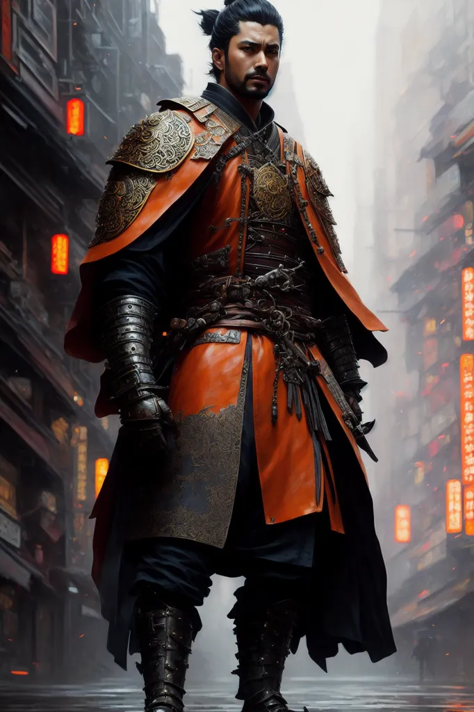 The image shows a man standing in a street. He is wearing a red and black outfit and has a sword on his hip. The street is lined with buildings and there are red lanterns hanging from the eaves. The man has a determined look on his face and seems to be ready for a fight.