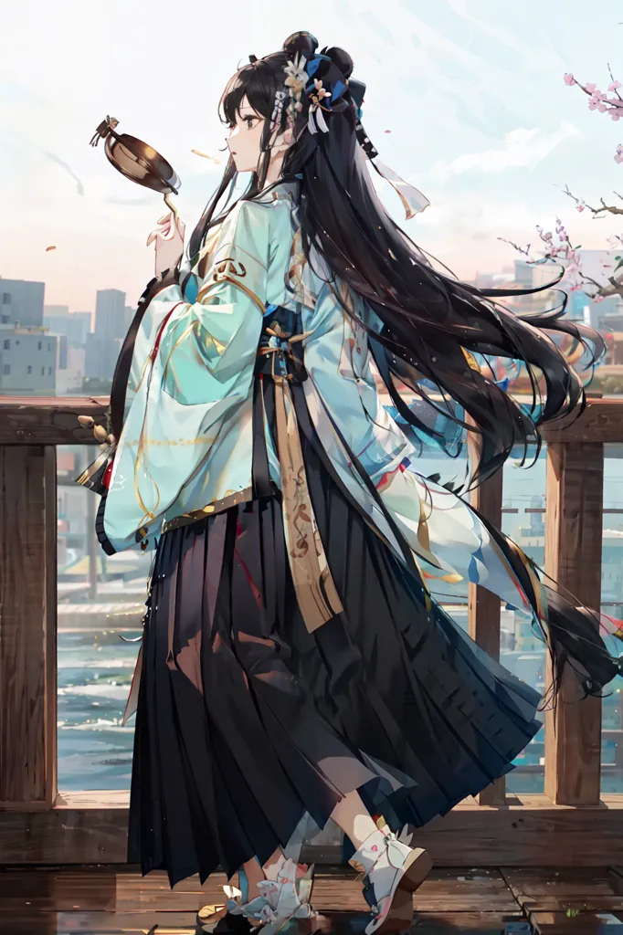 L'image montre une fille portant un kimono debout sur un pont. La fille a de longs cheveux noirs et porte un kimono blanc et bleu avec un obi rouge et or. Elle tient une tasse dans sa main droite. Le pont est en bois et a une rambarde. Il y a des arbres et des bâtiments en arrière-plan. Le ciel est bleu et il y a quelques nuages. L'image est dans un style réaliste et les couleurs sont vives.