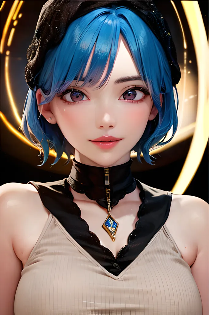 The image shows a young woman with blue hair and purple eyes. She is wearing a black beret and a white and black top. She has a pendant around her neck. The background is a dark gold color.