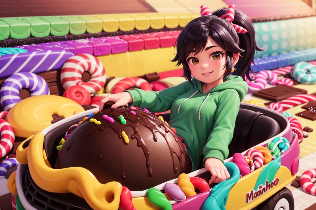 This is an image of a young girl sitting in a toy car. The girl has long black hair, brown eyes, and is wearing a green hoodie. The car is pink and yellow and is filled with candy. The girl is smiling and has her hand on a large chocolate ball. The background is a colorful candy land with candy canes, lollipops, and other sweets.