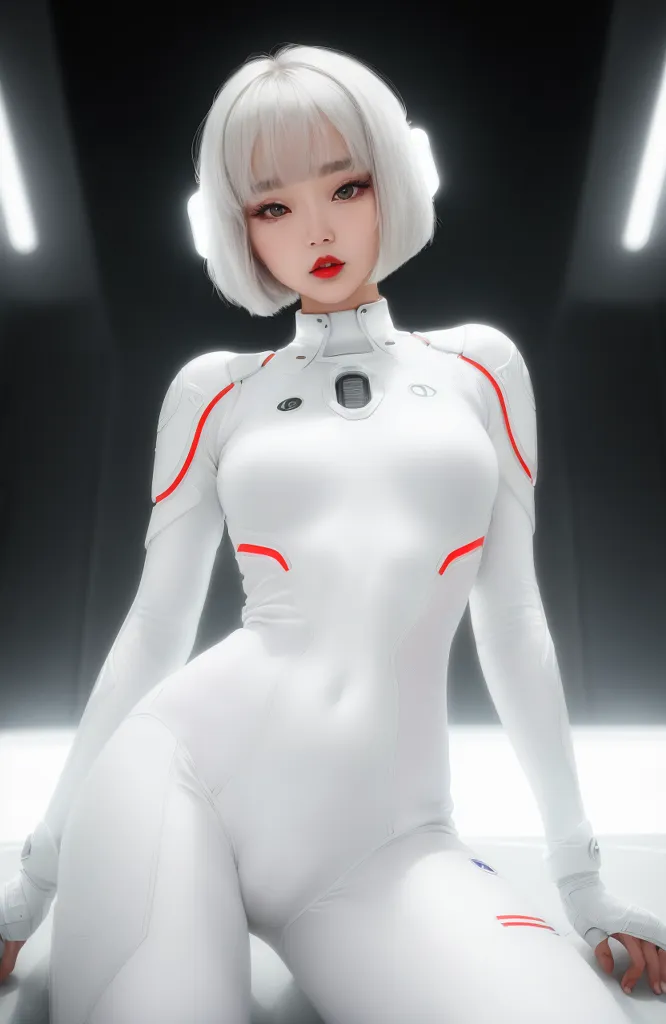 The image is a digital painting of a young woman in a white bodysuit. She has short white hair and red lipstick. She is sitting on a white surface with her legs crossed and her hands resting on her thighs. She is looking at the viewer with a serious expression. The background is a dark grey color.