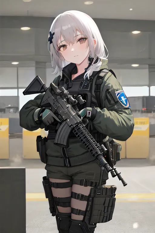 The image depicts an anime-style illustration of a young woman in military gear. She has short white hair and brown eyes. She is wearing a green military-style jacket, a black t-shirt, and black shorts. She is also wearing a tactical vest with a blue patch on the shoulder. She is holding a black rifle in her hands. She is standing in an urban setting, with a building in the background.