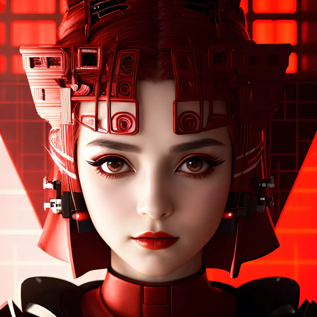 The picture shows a young woman, with red hair and eyes, wearing a red and black bodysuit with a high collar. The bodysuit has several technological gadgets attached to it, including a device on her head that looks like a helmet. The woman has a serious expression on her face.