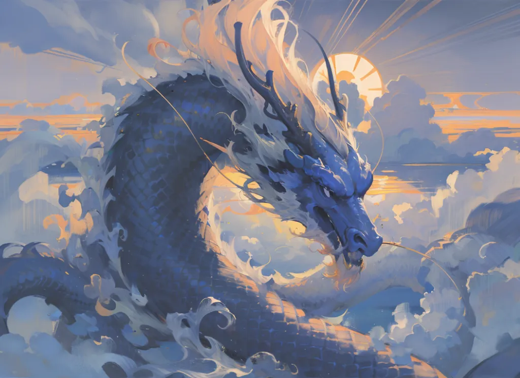 The image is a painting of a blue dragon. The dragon is depicted as a long, serpentine creature with a long, flowing mane and a pair of antlers. It has a large, gaping mouth and a pair of sharp, curved fangs. The dragon is shown rising up out of the clouds, with its body coiled and its wings spread wide. The background of the image is a light blue sky, with a few wispy clouds. The dragon is the main focus of the image, and it is depicted in great detail. The scales on its body are clearly visible, as well as the fur on its mane and antlers. The dragon's eyes are also clearly visible, and they are depicted as being a deep, piercing blue. The image is a beautiful and majestic depiction of a dragon, and it is sure to capture the attention of anyone who sees it.