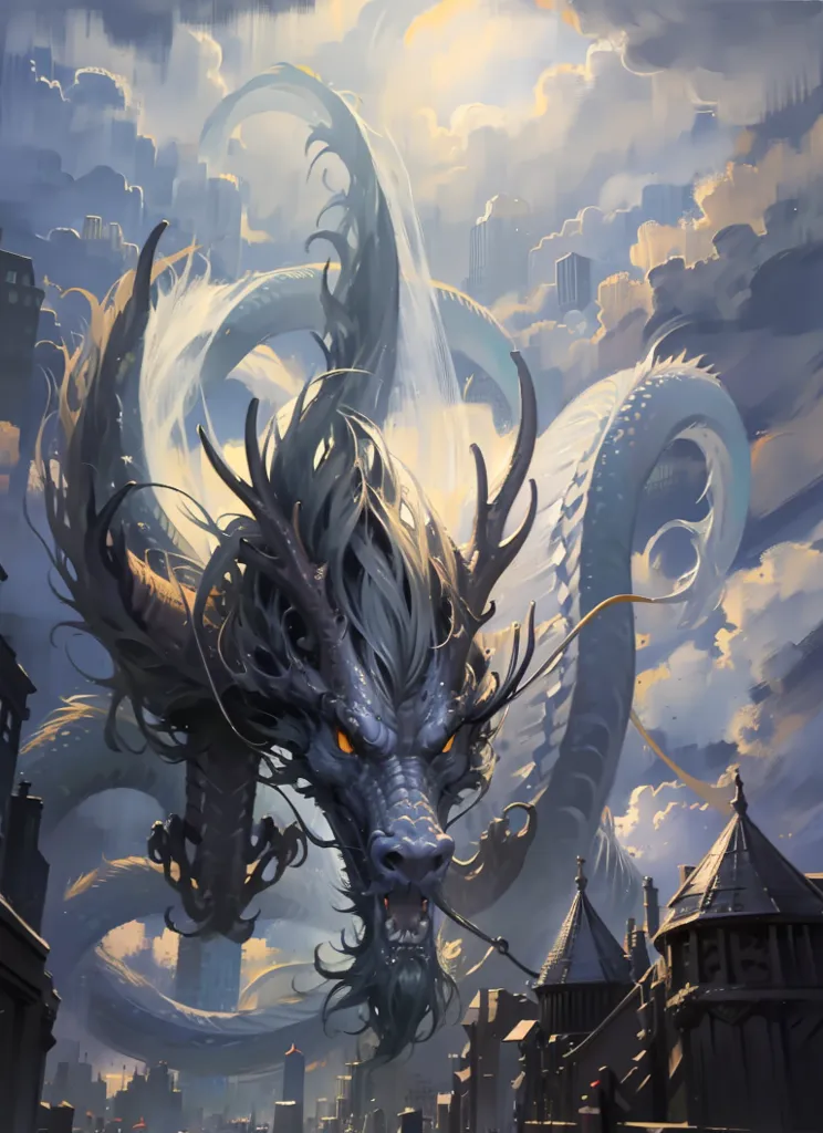 The image is a painting of a blue and gray dragon flying over a city. The dragon has long, winding horns and a serpentine body. It is covered in scales and has a long, forked tongue. The dragon's eyes are yellow and its teeth are sharp. The city is made up of tall buildings and towers, and it is surrounded by mountains. The sky is cloudy and there is a storm brewing.