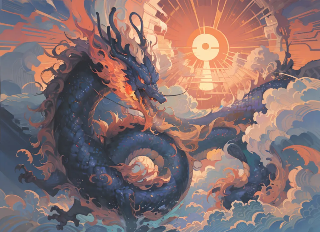 The image is a painting of a blue and orange dragon. The dragon is flying in the sky and is surrounded by clouds. The dragon has a long, serpentine body and large wings. Its scales are blue and orange, and its eyes are yellow. The dragon is breathing fire, and there is a large fireball in front of its mouth. The background of the painting is a gradient of orange and yellow, and there are clouds in the distance. The painting is done in a realistic style, and the dragon is depicted in great detail.