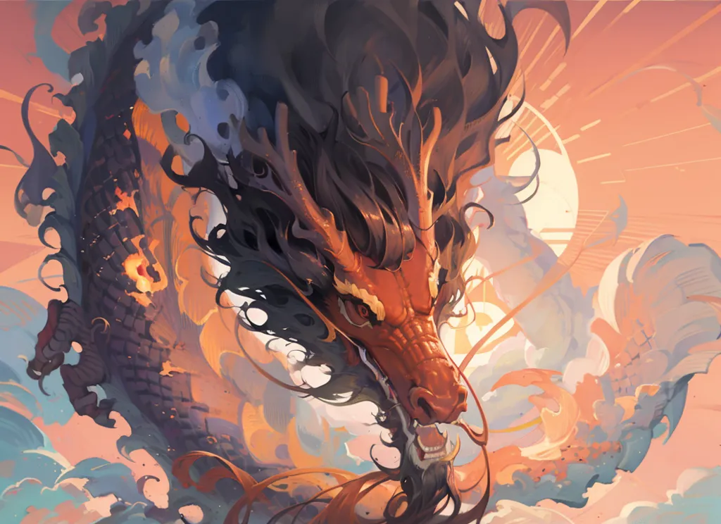 The image is a painting of a red and black dragon. The dragon is in the foreground, facing the viewer. It has a long, serpentine body that is covered in scales. Its wings are outstretched, and its tail is curled up behind it. The dragon's head is long and narrow, with a prominent snout and sharp teeth. Its eyes are closed, and its expression is one of serenity. The background of the painting is a swirling mass of clouds. The clouds are parted in the center, revealing a glimpse of the sun. The sun is a bright, golden orb that is surrounded by rays of light. The painting is done in a realistic style, and the colors are vibrant and lifelike. The dragon is a powerful and majestic creature, and the painting captures its beauty and strength.