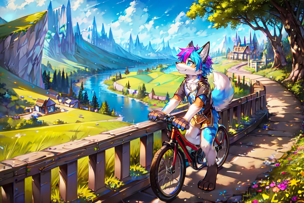 The image is of a furry character riding a bicycle on a bridge. The furry character is wearing a brown shirt and blue pants. The bicycle is red and black. The bridge is made of wood and has a stone railing. The background is a landscape of mountains, trees, and a river. There is a village in the distance. The sky is blue and there are white clouds.